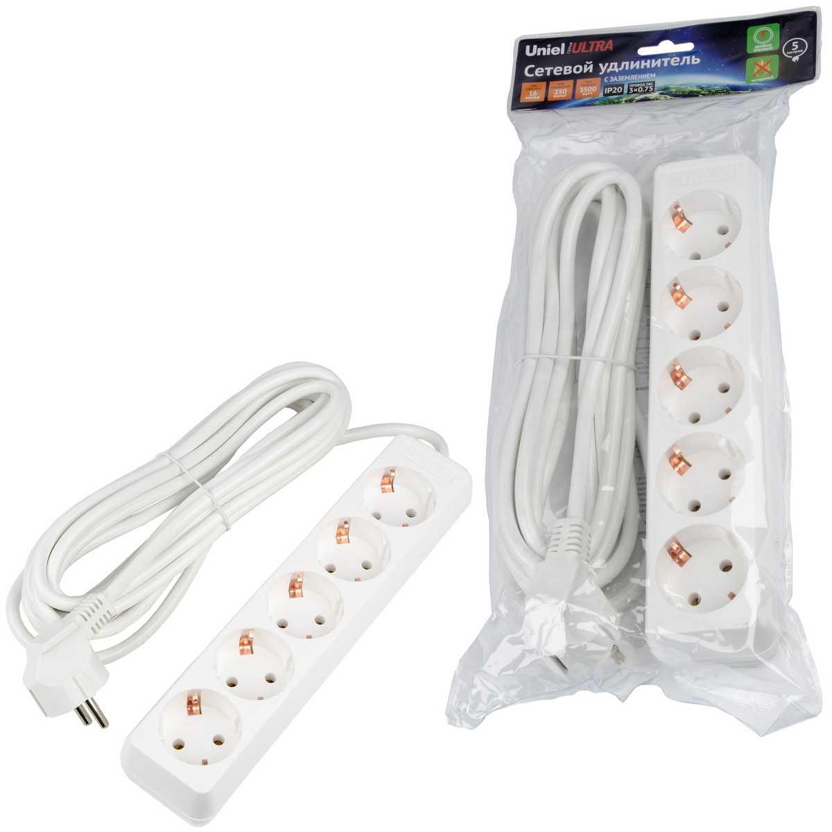 фото удлинитель uniel ultra 5гн х 5м с/з s-gcu5-5 white ul-00010009 | 220svet.ru