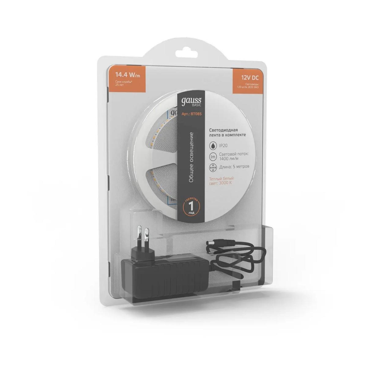 фото лента gauss 14,4w/m 120led/m 2835smd теплый белый 5m bt085 | 220svet.ru