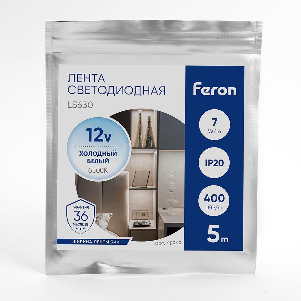 фото светодиодная лента feron 7w/m 400led/m cob холодный белый 5м ls630 48949 | 220svet.ru