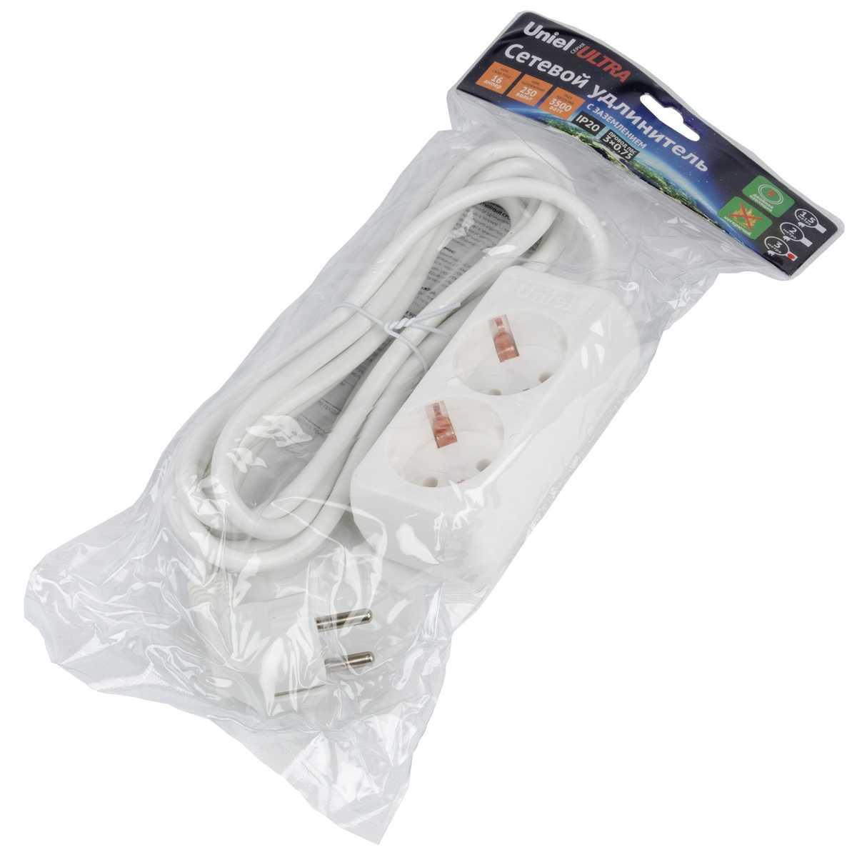 фото удлинитель uniel ultra 2гн х 3м с/з s-gcu2-3 white ul-00009998 | 220svet.ru