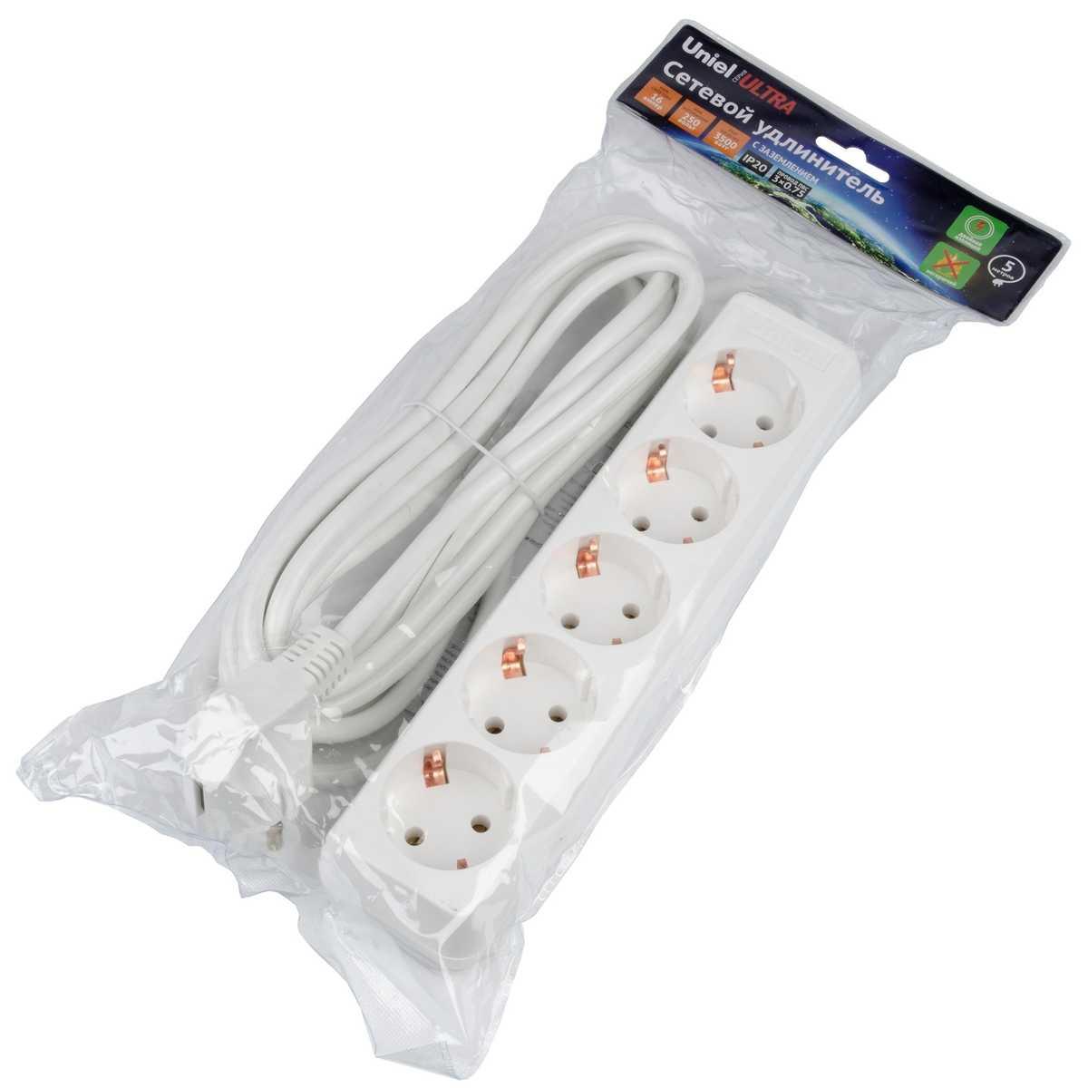 фото удлинитель uniel ultra 5гн х 5м с/з s-gcu5-5 white ul-00010009 | 220svet.ru